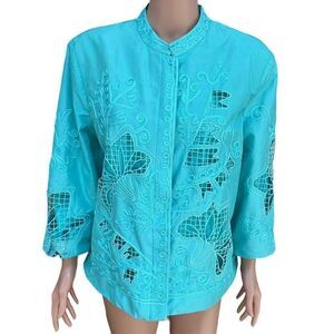 Norm Thompson vintage 100% silk teal jacket blazer size PL